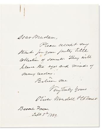 HOLMES, OLIVER WENDELL. Three items: Autograph Quotation dated and Signed * Two brief Autograph Letters Signed.